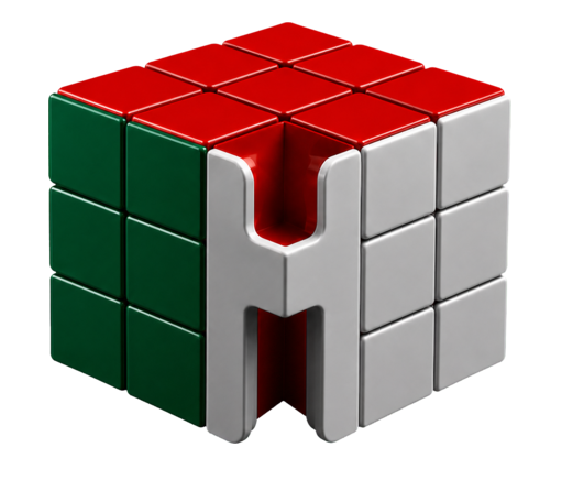 Cubo tridimensional da Húngaro Empresarial nas cores verde, branco e vermelho